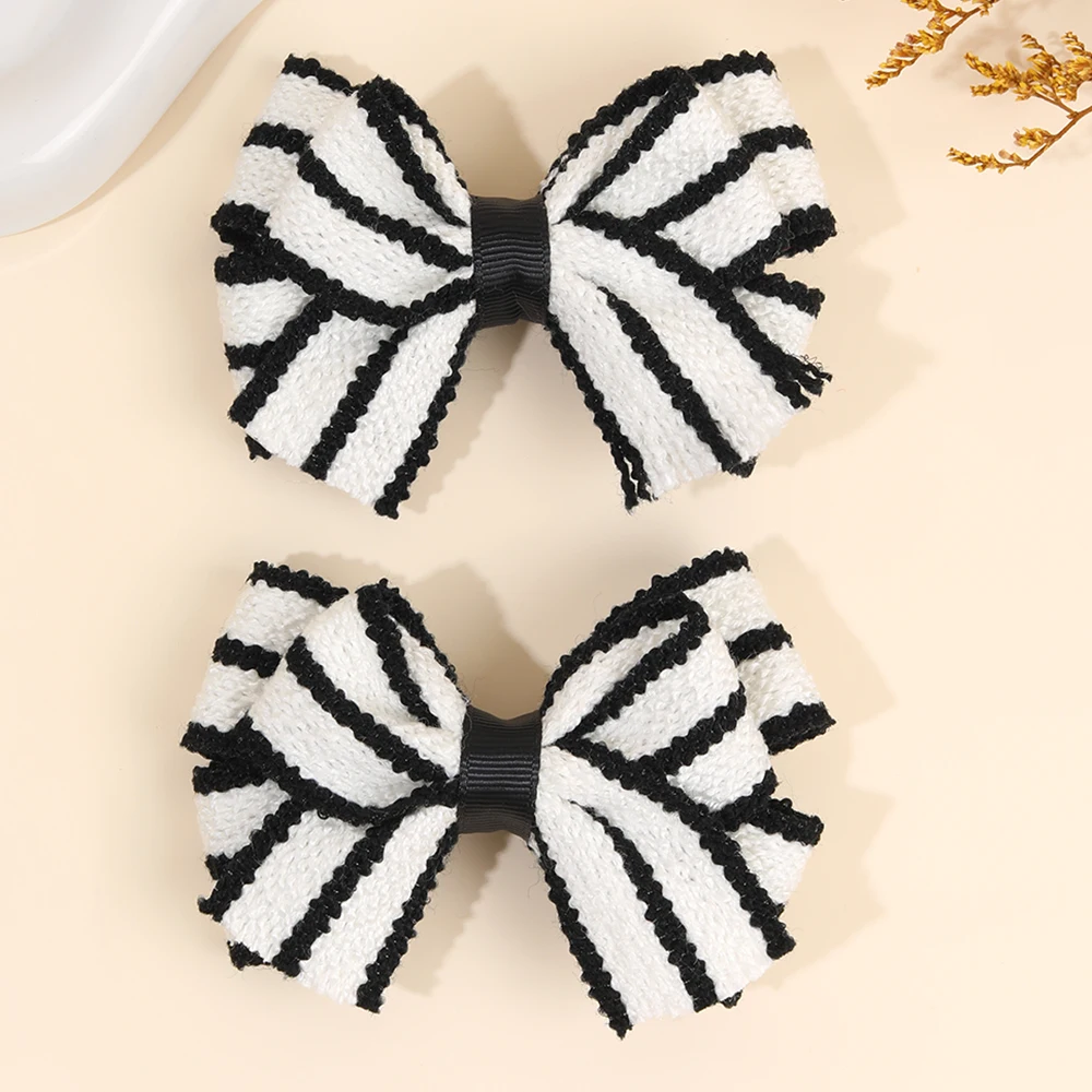 2Pcs Color-Blocked Bow Hair Clips For Girls Elegant Double-layer Black&White Hair Accessories For Girls Soft Trendy Headwear