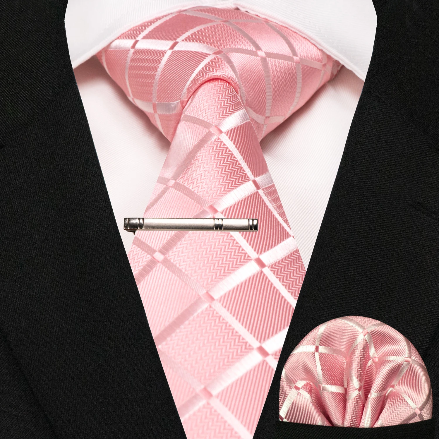 Wine Red Classic Plaid Tie for Men Handkerchief Tie Clips Set Mens Necktie Fashion Business Party Wedding Gift Accessories
