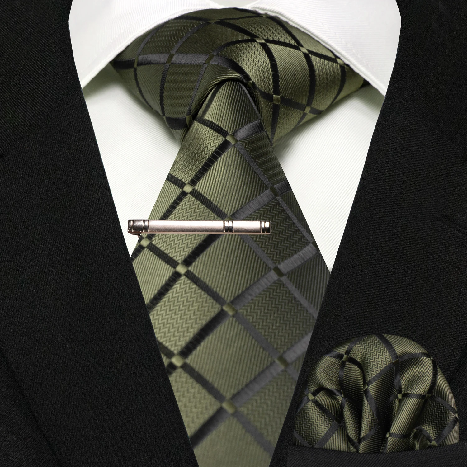 Wine Red Classic Plaid Tie for Men Handkerchief Tie Clips Set Mens Necktie Fashion Business Party Wedding Gift Accessories