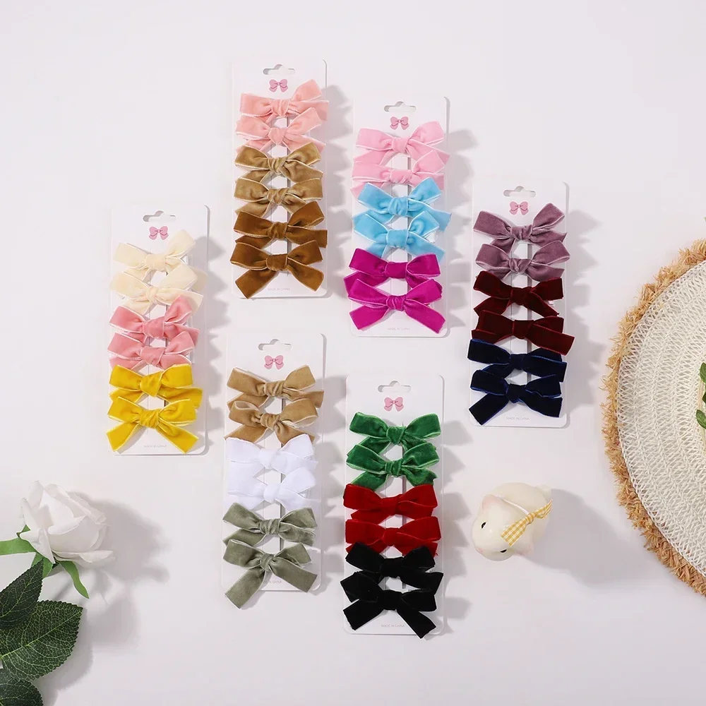 Candy Color Velvet Bows Hair Clips for Baby Girls, Handmade Bowbot, Hairpin, Festival Headwear, Hair Accessories Gifts, 6 PCs