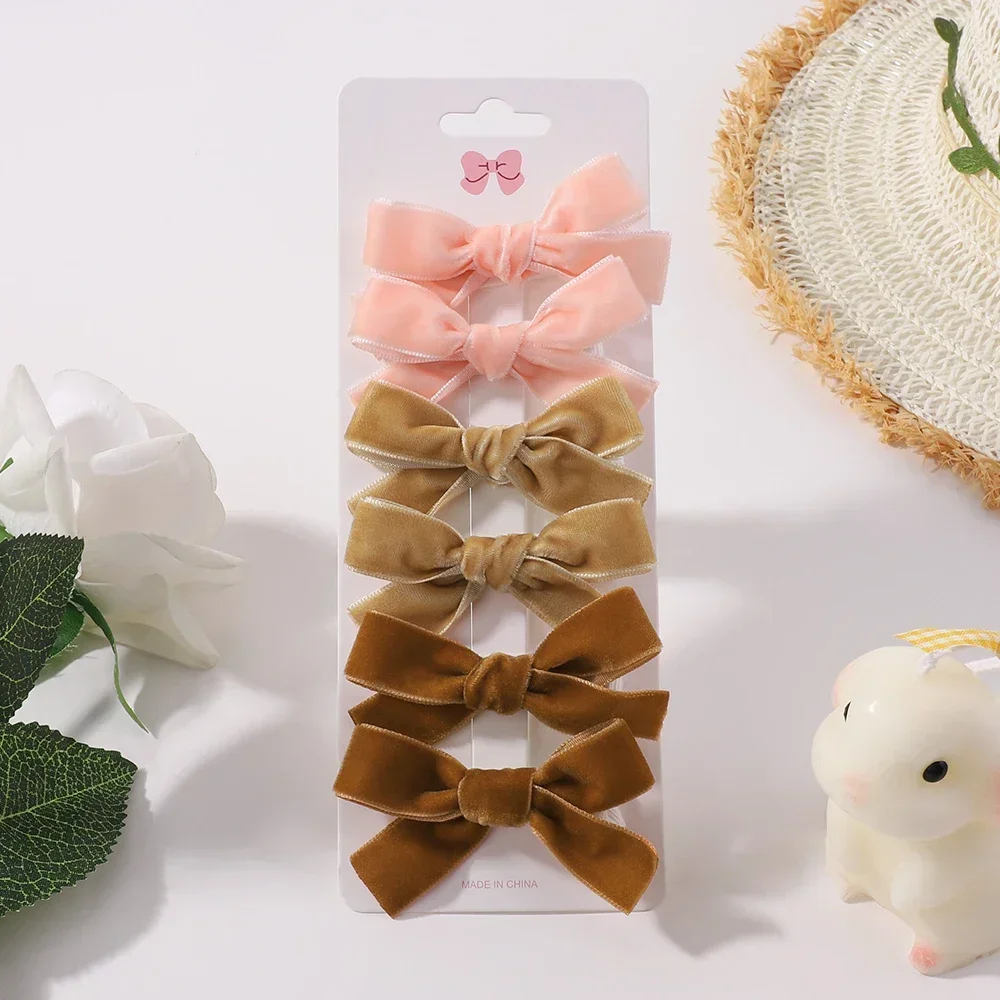 Candy Color Velvet Bows Hair Clips for Baby Girls, Handmade Bowbot, Hairpin, Festival Headwear, Hair Accessories Gifts, 6 PCs