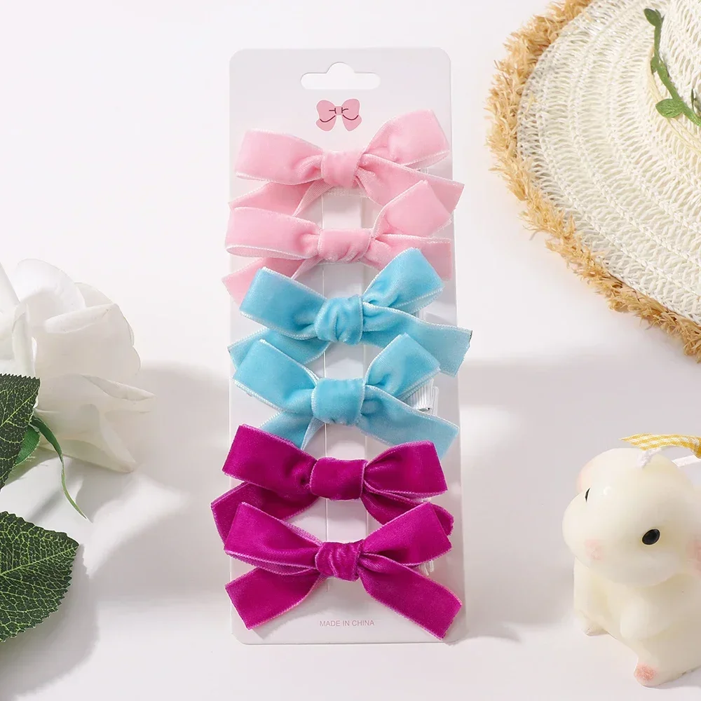 Candy Color Velvet Bows Hair Clips for Baby Girls, Handmade Bowbot, Hairpin, Festival Headwear, Hair Accessories Gifts, 6 PCs