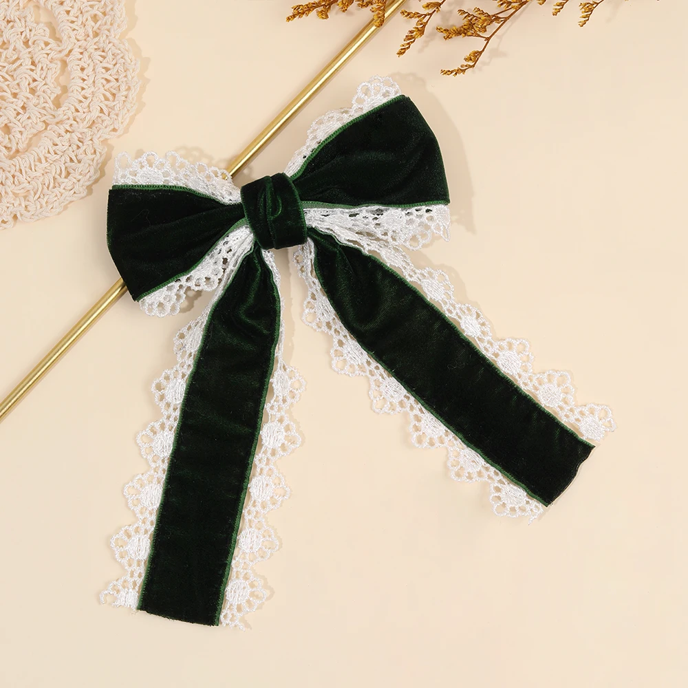Gothic Lolita Red Velvet Bow Hair Clip With White Lace Vintage Elegant Bownot Hairpin For Women Girls Headwear Hair Accessories