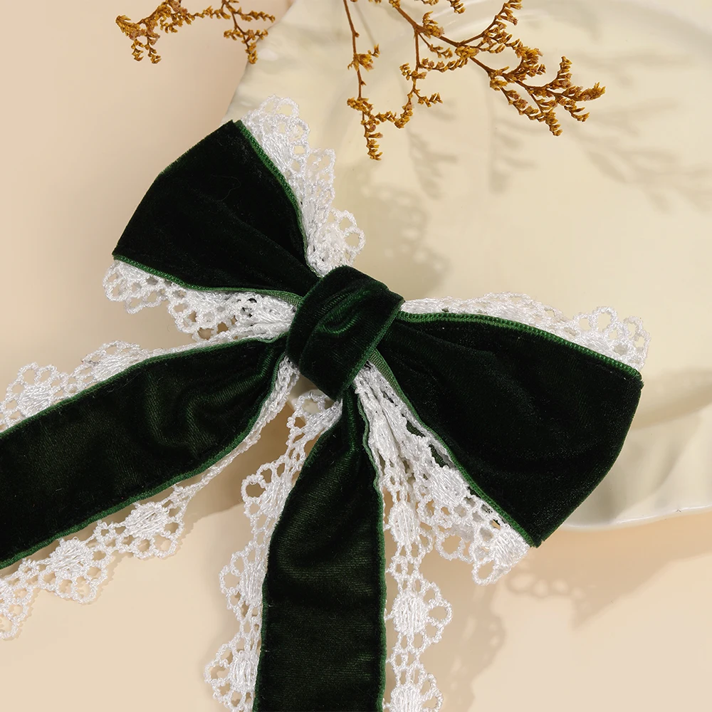 Gothic Lolita Red Velvet Bow Hair Clip With White Lace Vintage Elegant Bownot Hairpin For Women Girls Headwear Hair Accessories
