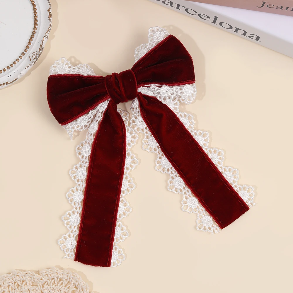 Gothic Lolita Red Velvet Bow Hair Clip With White Lace Vintage Elegant Bownot Hairpin For Women Girls Headwear Hair Accessories