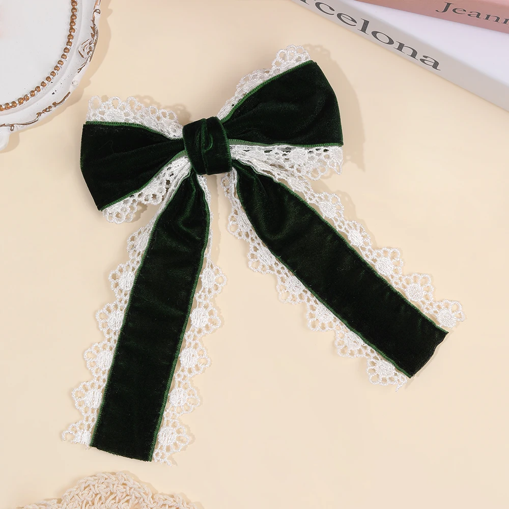 Gothic Lolita Red Velvet Bow Hair Clip With White Lace Vintage Elegant Bownot Hairpin For Women Girls Headwear Hair Accessories
