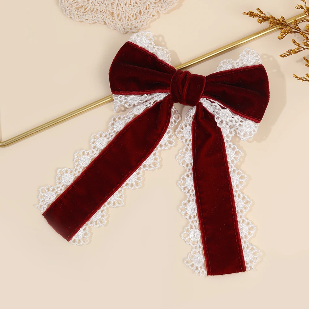 Gothic Lolita Red Velvet Bow Hair Clip With White Lace Vintage Elegant Bownot Hairpin For Women Girls Headwear Hair Accessories