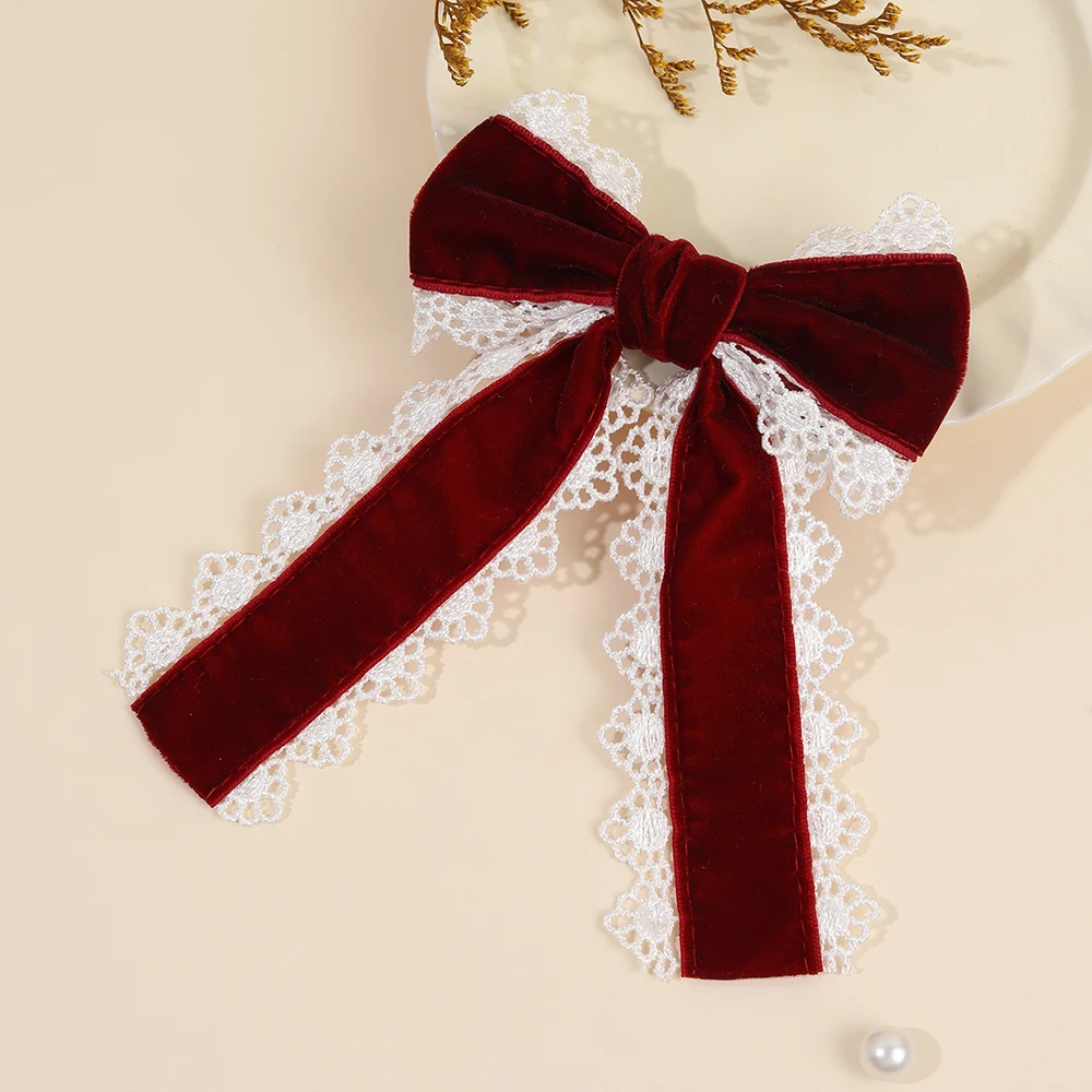 Gothic Lolita Red Velvet Bow Hair Clip With White Lace Vintage Elegant Bownot Hairpin For Women Girls Headwear Hair Accessories