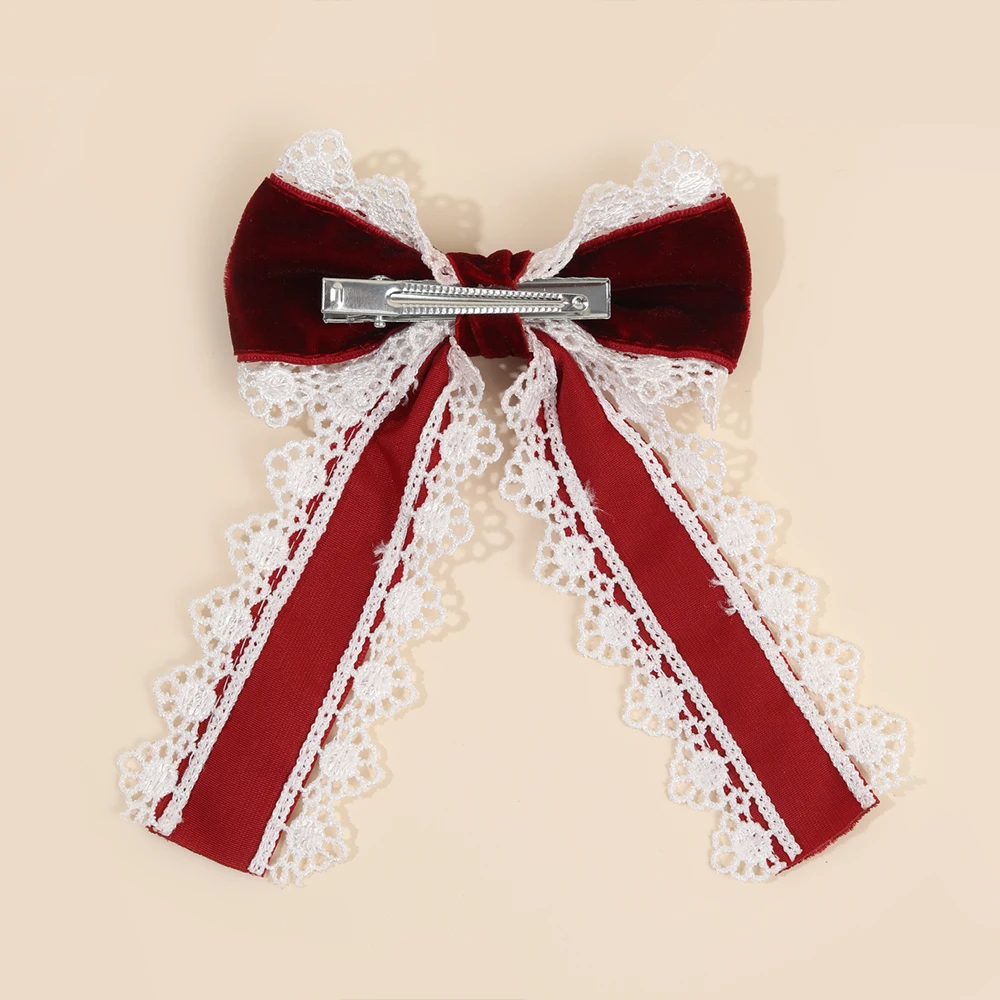 Gothic Lolita Red Velvet Bow Hair Clip With White Lace Vintage Elegant Bownot Hairpin For Women Girls Headwear Hair Accessories