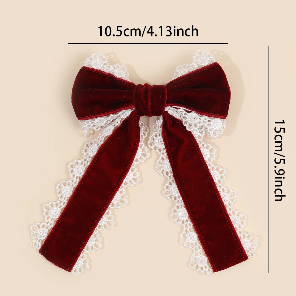 Gothic Lolita Red Velvet Bow Hair Clip With White Lace Vintage Elegant Bownot Hairpin For Women Girls Headwear Hair Accessories