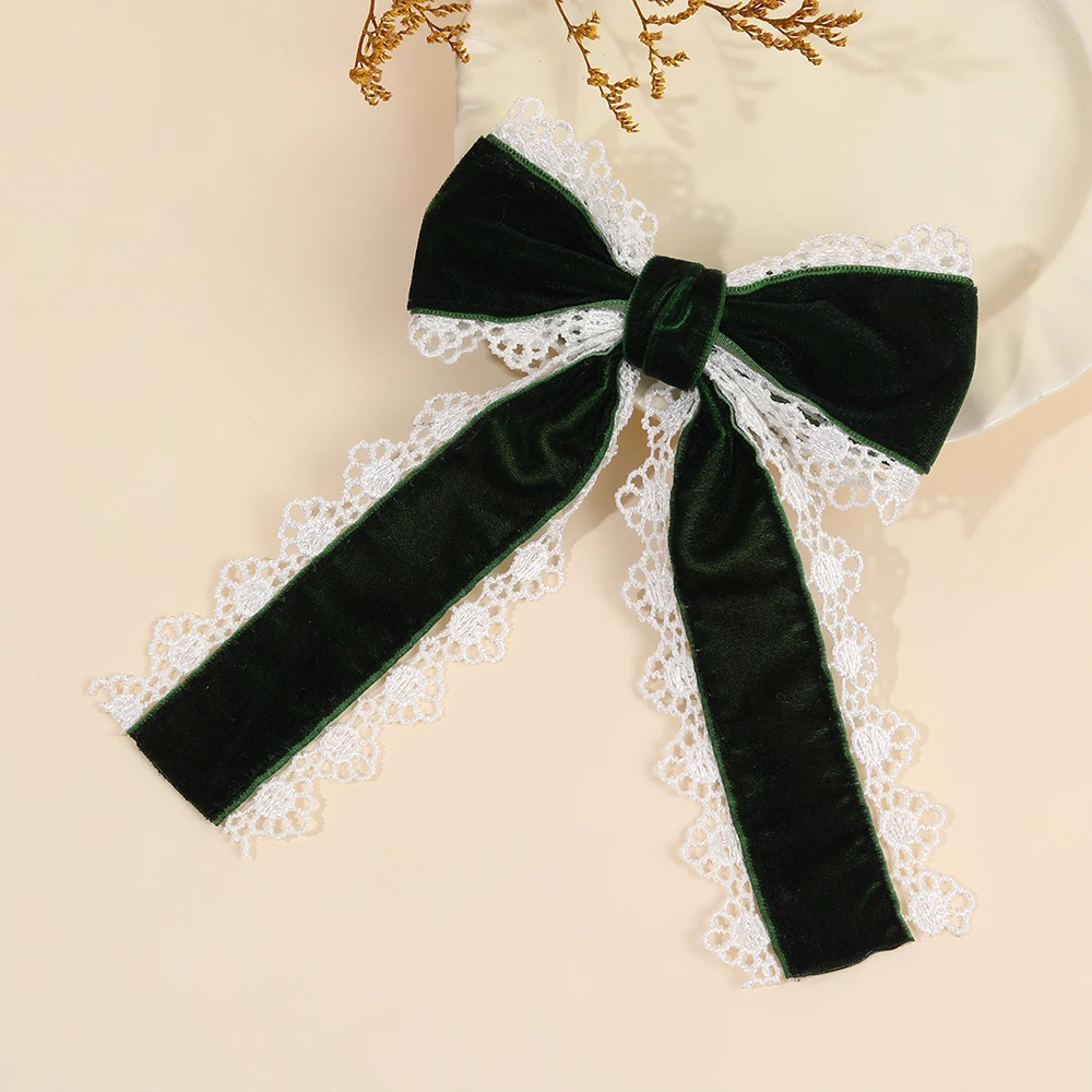 Gothic Lolita Red Velvet Bow Hair Clip With White Lace Vintage Elegant Bownot Hairpin For Women Girls Headwear Hair Accessories