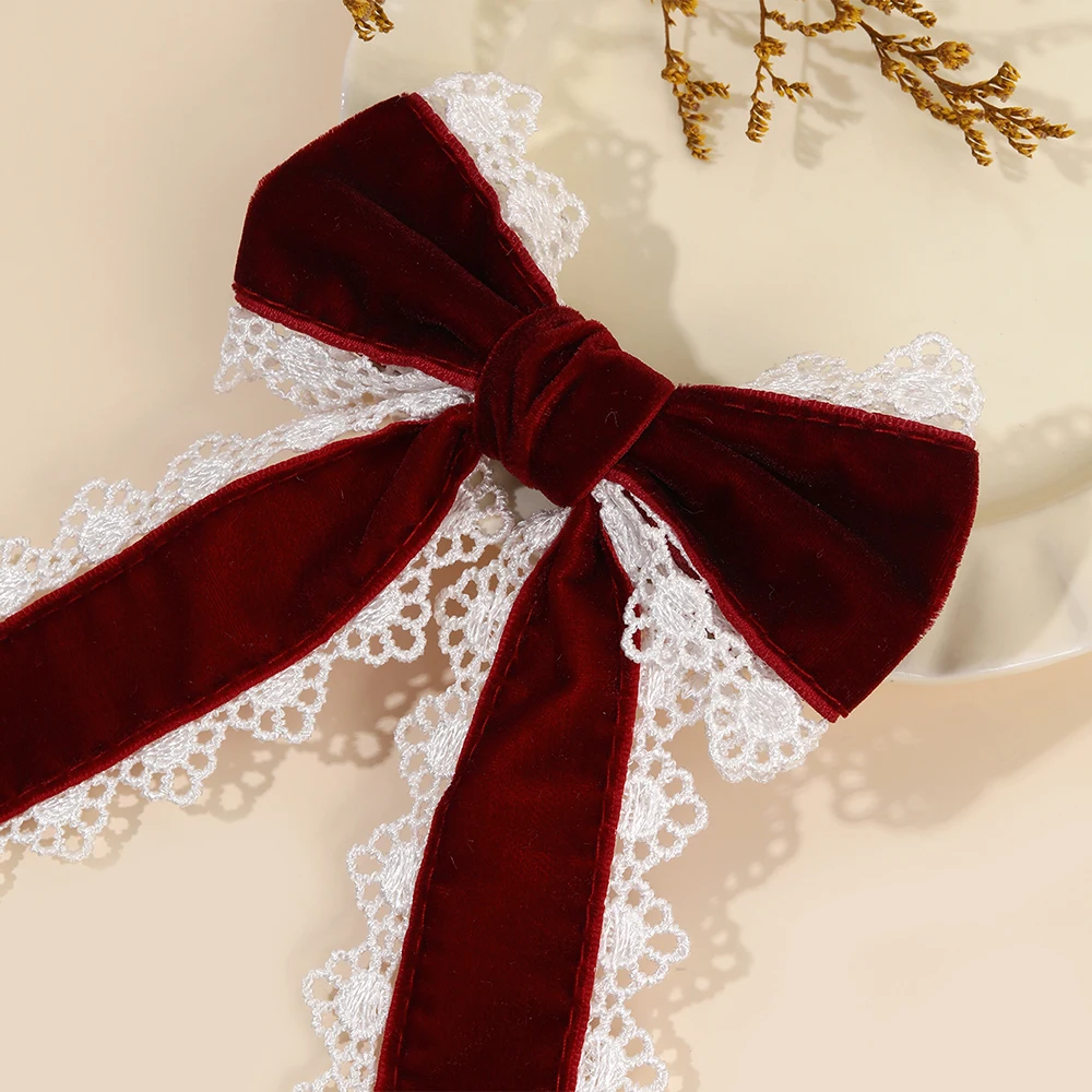 Gothic Lolita Red Velvet Bow Hair Clip With White Lace Vintage Elegant Bownot Hairpin For Women Girls Headwear Hair Accessories