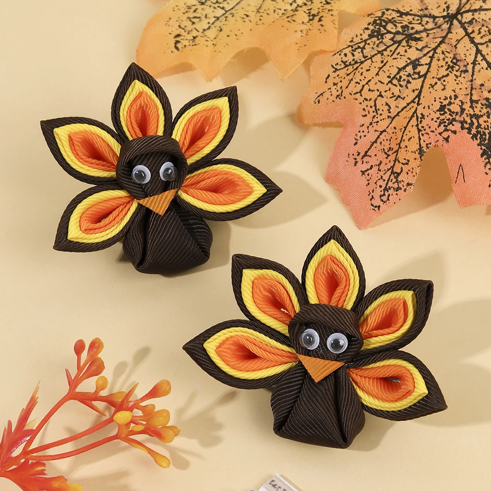2Pcs New Turkey Decor Hair Clip For Toddler Girls Kids Multicolor Grosgrain Ribbon Hairpin Festival Party Daily Hair Accessories