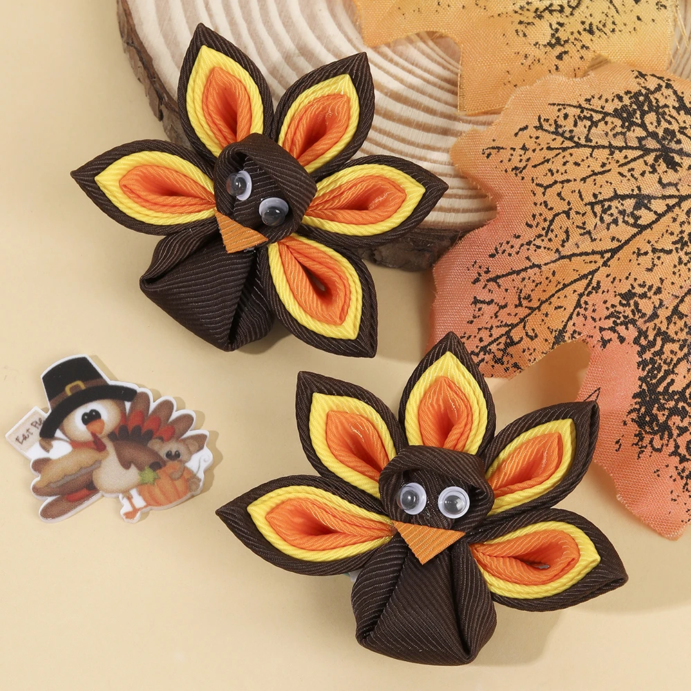 2Pcs New Turkey Decor Hair Clip For Toddler Girls Kids Multicolor Grosgrain Ribbon Hairpin Festival Party Daily Hair Accessories