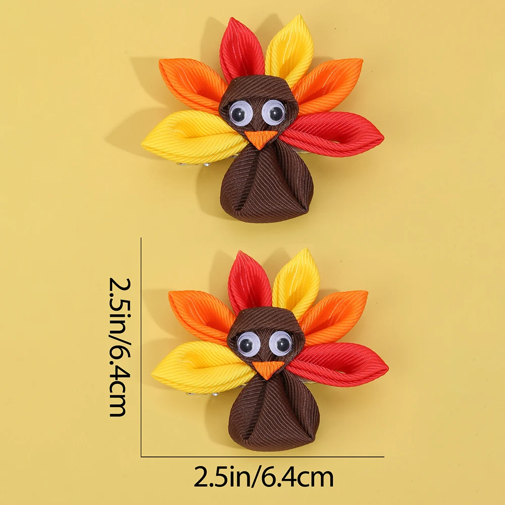 2Pcs New Turkey Decor Hair Clip For Toddler Girls Kids Multicolor Grosgrain Ribbon Hairpin Festival Party Daily Hair Accessories
