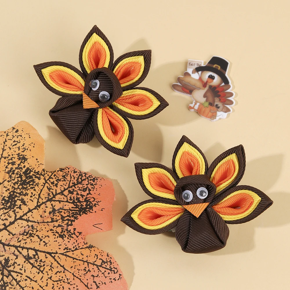 2Pcs New Turkey Decor Hair Clip For Toddler Girls Kids Multicolor Grosgrain Ribbon Hairpin Festival Party Daily Hair Accessories