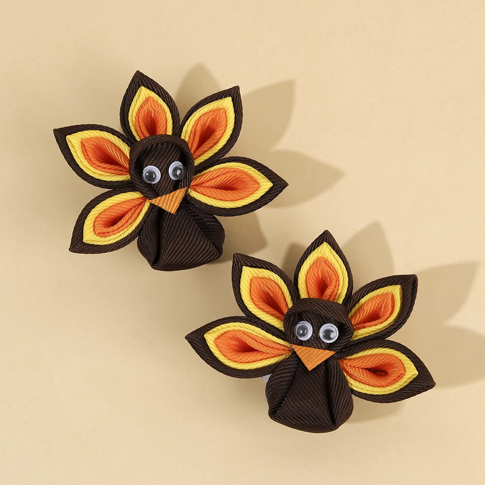 2Pcs New Turkey Decor Hair Clip For Toddler Girls Kids Multicolor Grosgrain Ribbon Hairpin Festival Party Daily Hair Accessories