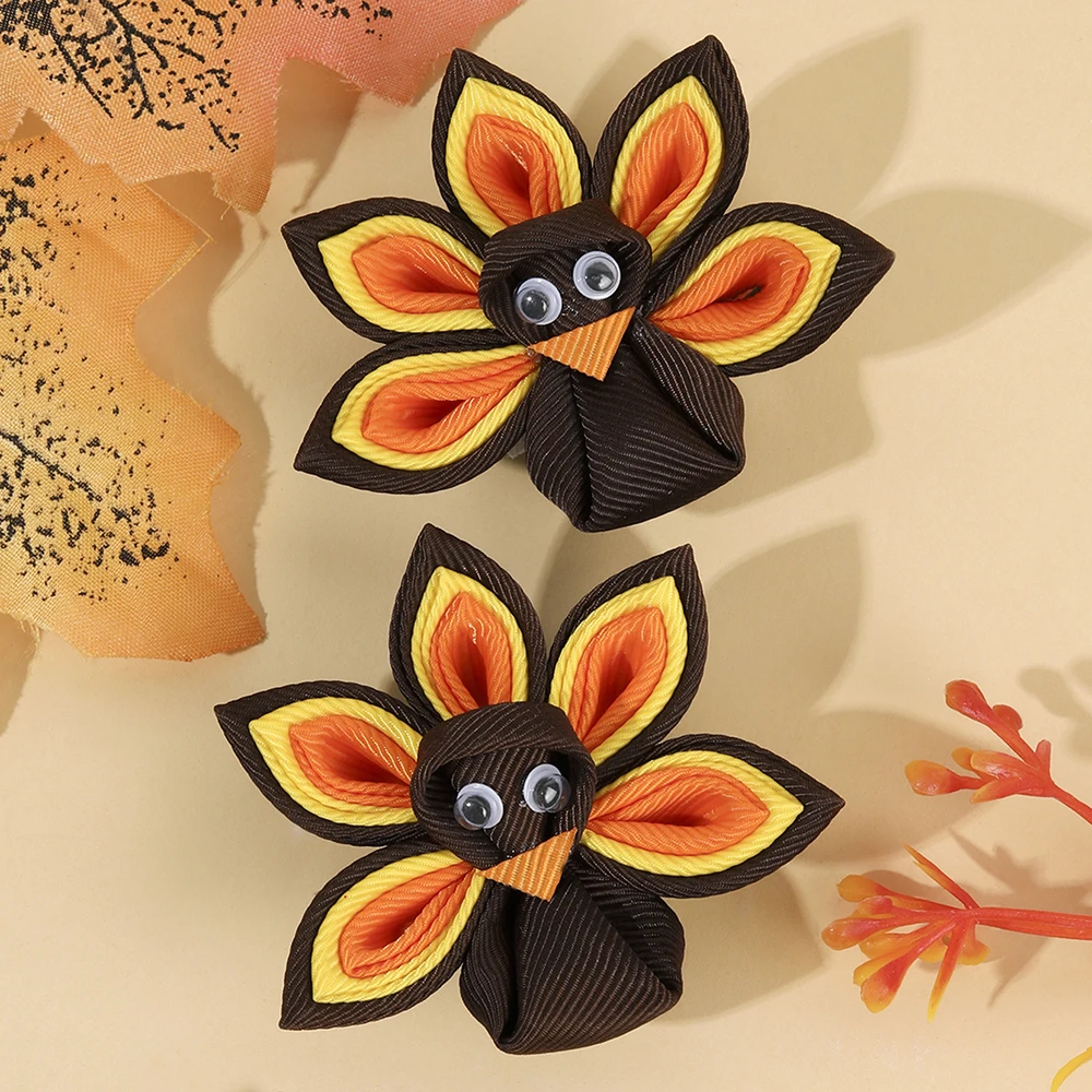 2Pcs New Turkey Decor Hair Clip For Toddler Girls Kids Multicolor Grosgrain Ribbon Hairpin Festival Party Daily Hair Accessories