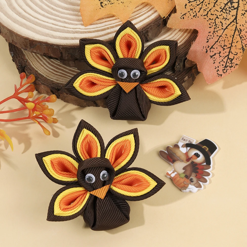 2Pcs New Turkey Decor Hair Clip For Toddler Girls Kids Multicolor Grosgrain Ribbon Hairpin Festival Party Daily Hair Accessories