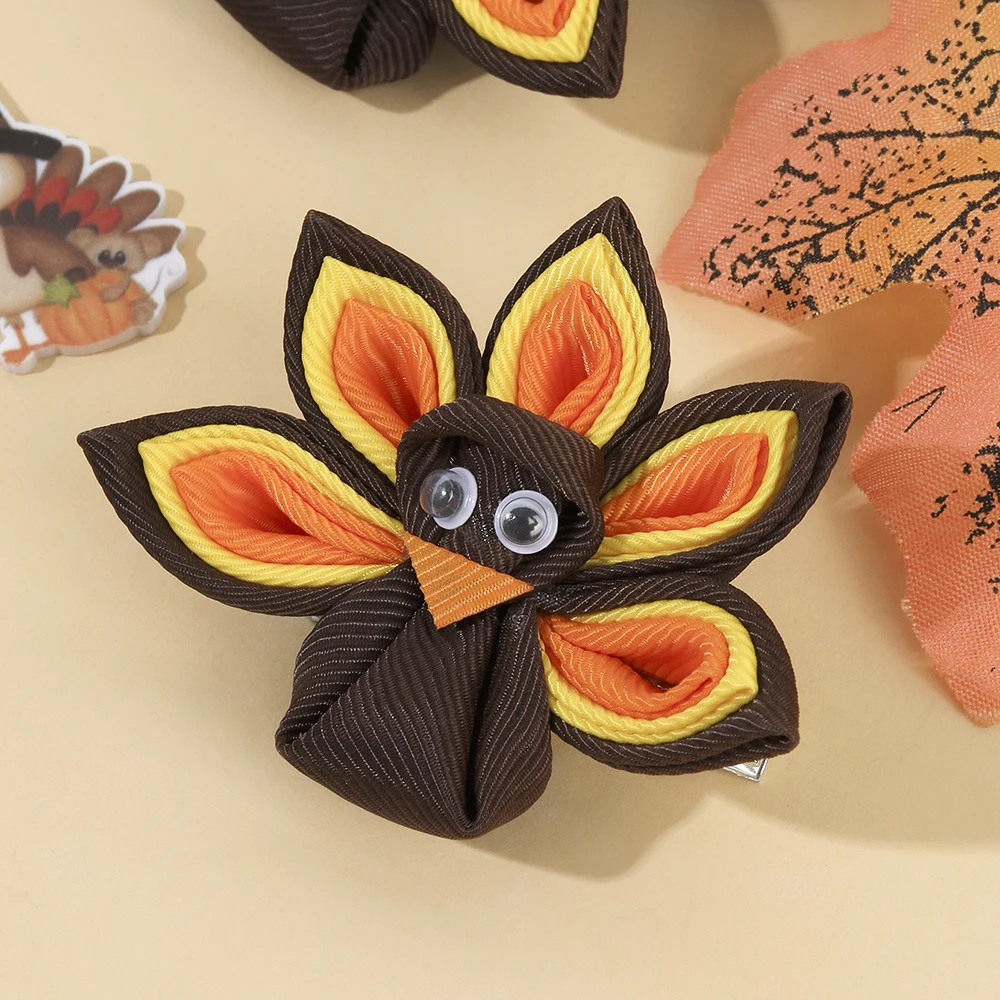 2Pcs New Turkey Decor Hair Clip For Toddler Girls Kids Multicolor Grosgrain Ribbon Hairpin Festival Party Daily Hair Accessories