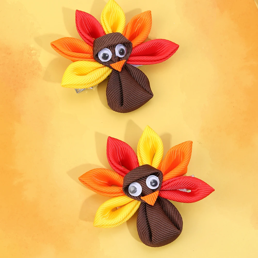 2Pcs New Turkey Decor Hair Clip For Toddler Girls Kids Multicolor Grosgrain Ribbon Hairpin Festival Party Daily Hair Accessories