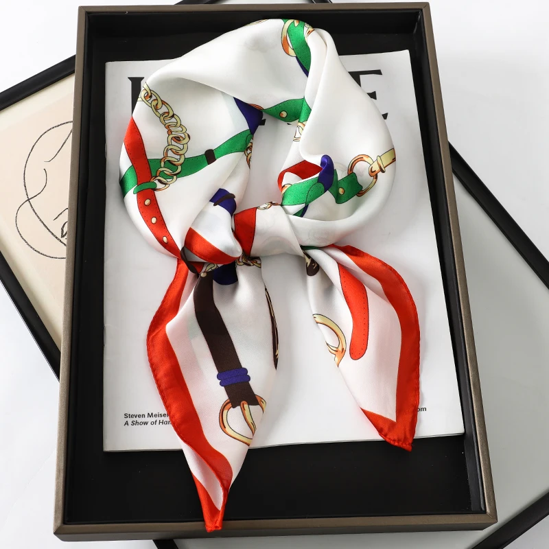 Luxury Print Chain Neck Tie Shawl 2025 Silk Square Scarf Women Wraps Female 70cm Hair Hand Wrist Headkercheif Hijab Bandana