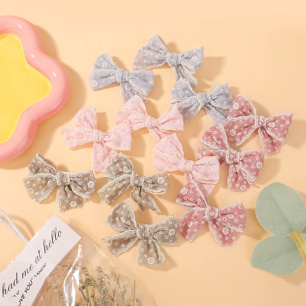 10pcs Random Color Lace Bows Hair Clip for Kids Girls Cotton Solid Color Bowknot Safety Hairpins Headwear Baby Hair Accessories
