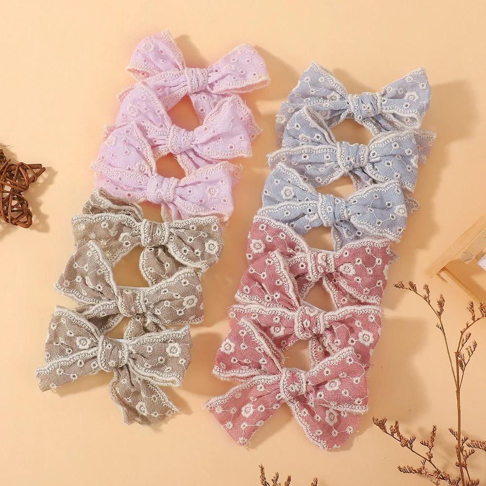 10pcs Random Color Lace Bows Hair Clip for Kids Girls Cotton Solid Color Bowknot Safety Hairpins Headwear Baby Hair Accessories