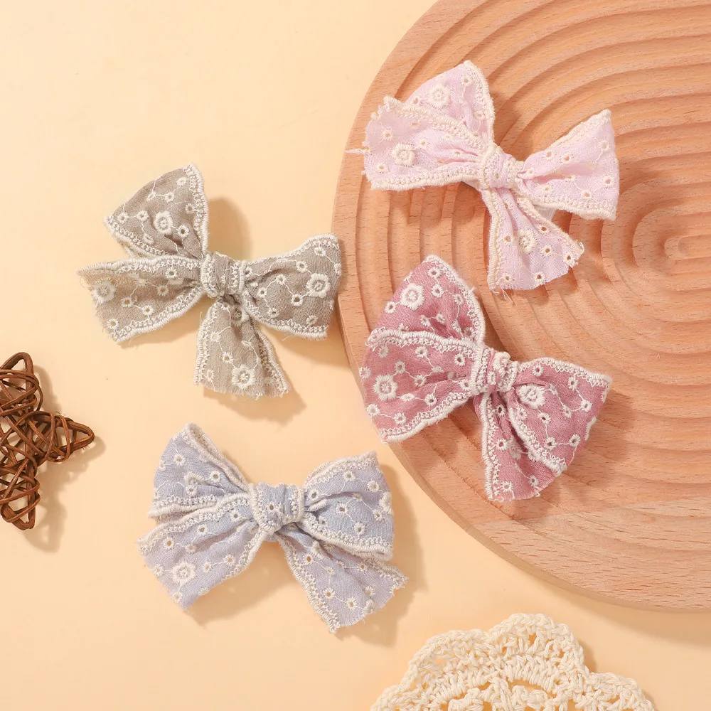 10pcs Random Color Lace Bows Hair Clip for Kids Girls Cotton Solid Color Bowknot Safety Hairpins Headwear Baby Hair Accessories
