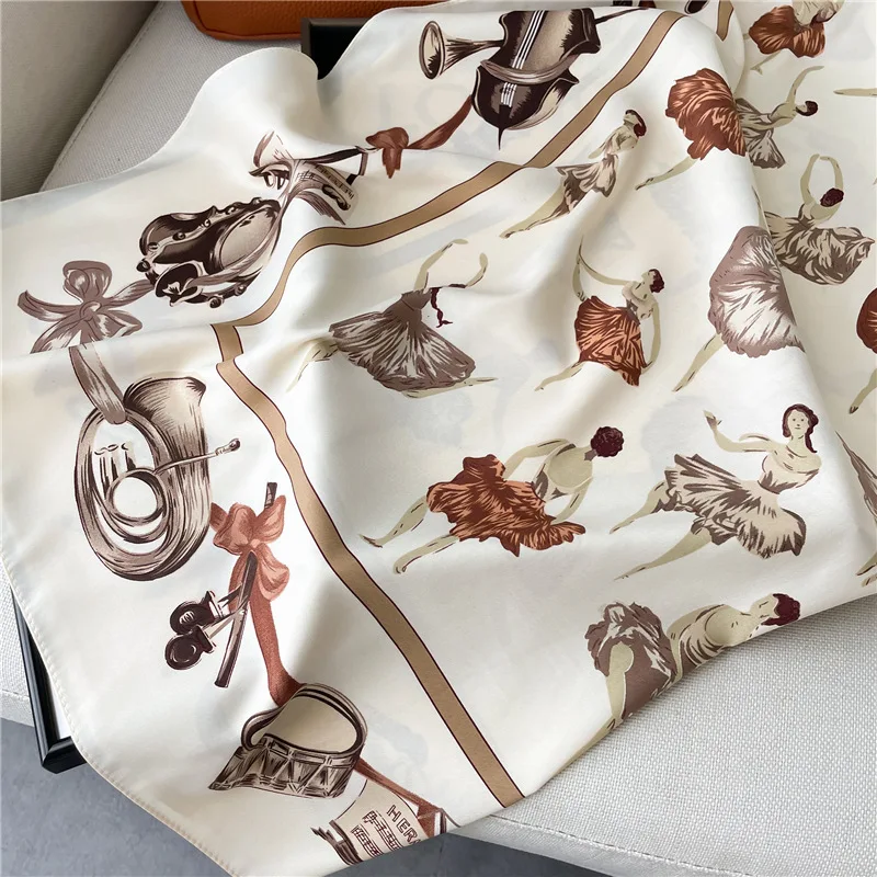 90x90cm Imitation Silk Ballet Girl Printed Handkerchief Scarf For Women Thin Shawl Square Headband Bandana Head Scarves