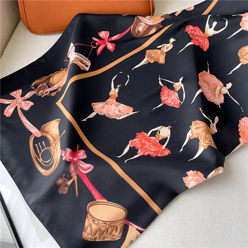 90x90cm Imitation Silk Ballet Girl Printed Handkerchief Scarf For Women Thin Shawl Square Headband Bandana Head Scarves