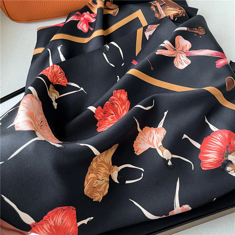 90x90cm Imitation Silk Ballet Girl Printed Handkerchief Scarf For Women Thin Shawl Square Headband Bandana Head Scarves