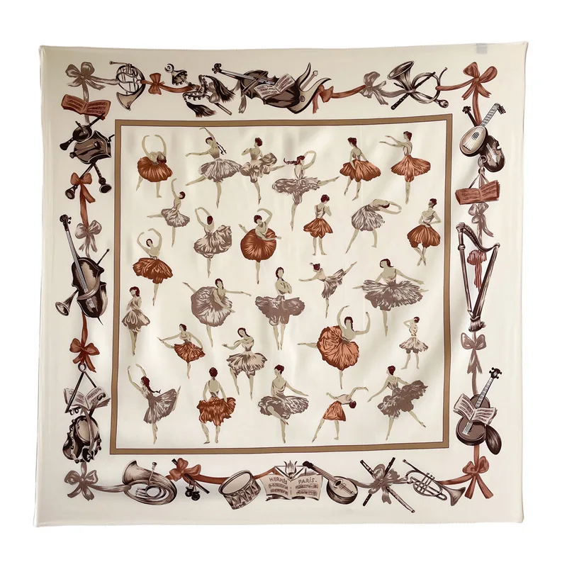 90x90cm Imitation Silk Ballet Girl Printed Handkerchief Scarf For Women Thin Shawl Square Headband Bandana Head Scarves