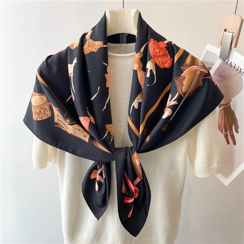 90x90cm Imitation Silk Ballet Girl Printed Handkerchief Scarf For Women Thin Shawl Square Headband Bandana Head Scarves