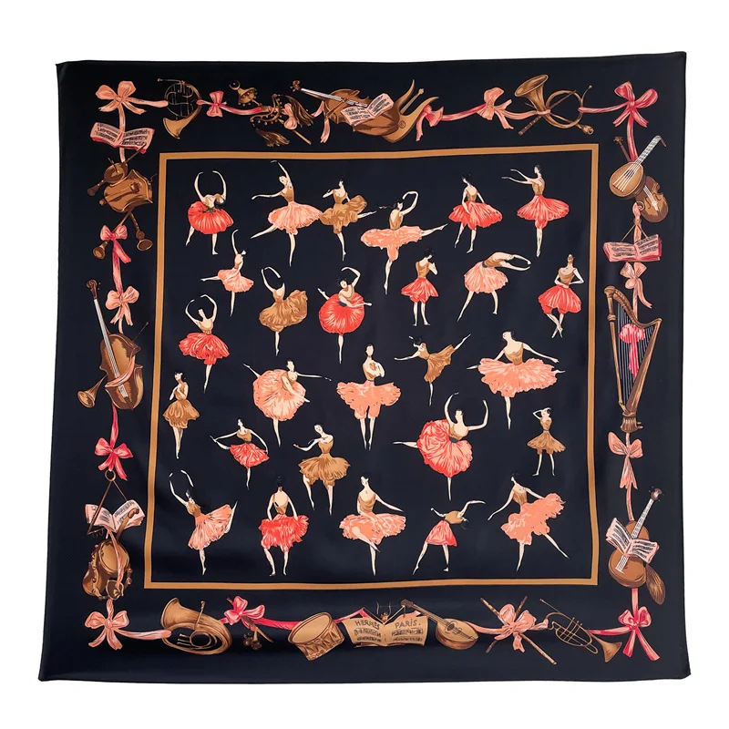 90x90cm Imitation Silk Ballet Girl Printed Handkerchief Scarf For Women Thin Shawl Square Headband Bandana Head Scarves