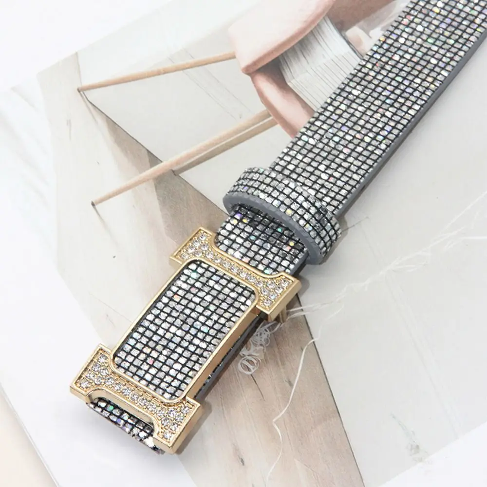 Fashion Bling Bling Sparkling Rhinestone Belt Versatile Glitter PU Leather Belt Luxury Brand Design Slide Buckle Belt Women