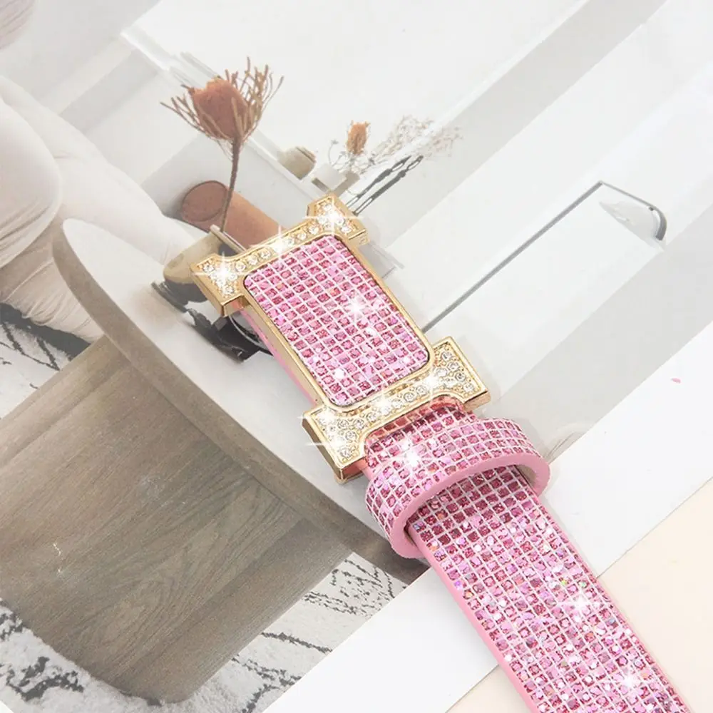 Fashion Bling Bling Sparkling Rhinestone Belt Versatile Glitter PU Leather Belt Luxury Brand Design Slide Buckle Belt Women