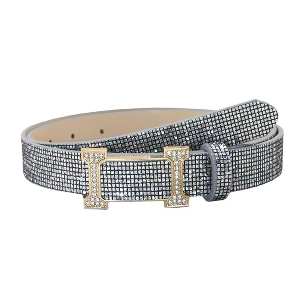 Fashion Bling Bling Sparkling Rhinestone Belt Versatile Glitter PU Leather Belt Luxury Brand Design Slide Buckle Belt Women