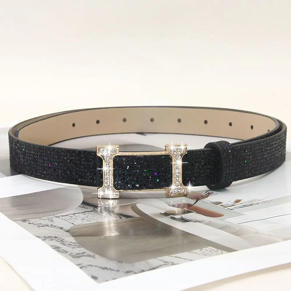 Fashion Bling Bling Sparkling Rhinestone Belt Versatile Glitter PU Leather Belt Luxury Brand Design Slide Buckle Belt Women