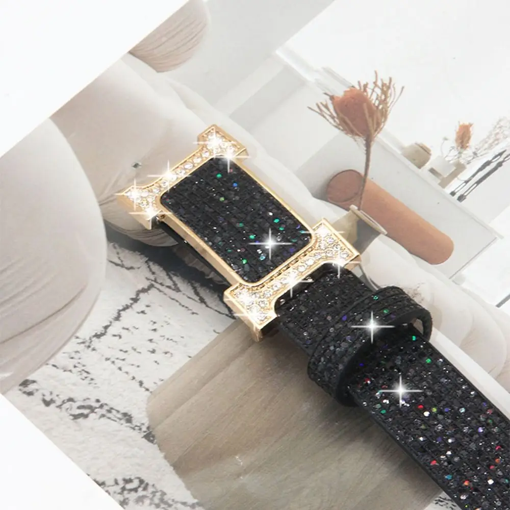 Fashion Bling Bling Sparkling Rhinestone Belt Versatile Glitter PU Leather Belt Luxury Brand Design Slide Buckle Belt Women