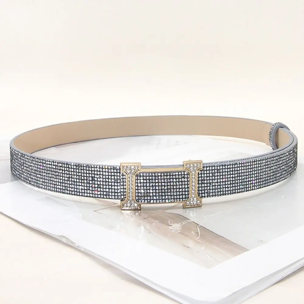 Fashion Bling Bling Sparkling Rhinestone Belt Versatile Glitter PU Leather Belt Luxury Brand Design Slide Buckle Belt Women