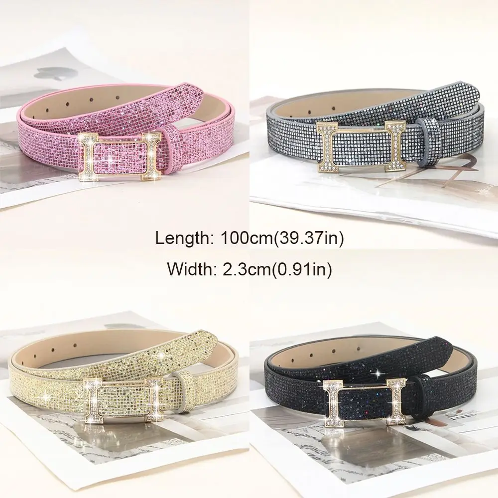 Fashion Bling Bling Sparkling Rhinestone Belt Versatile Glitter PU Leather Belt Luxury Brand Design Slide Buckle Belt Women