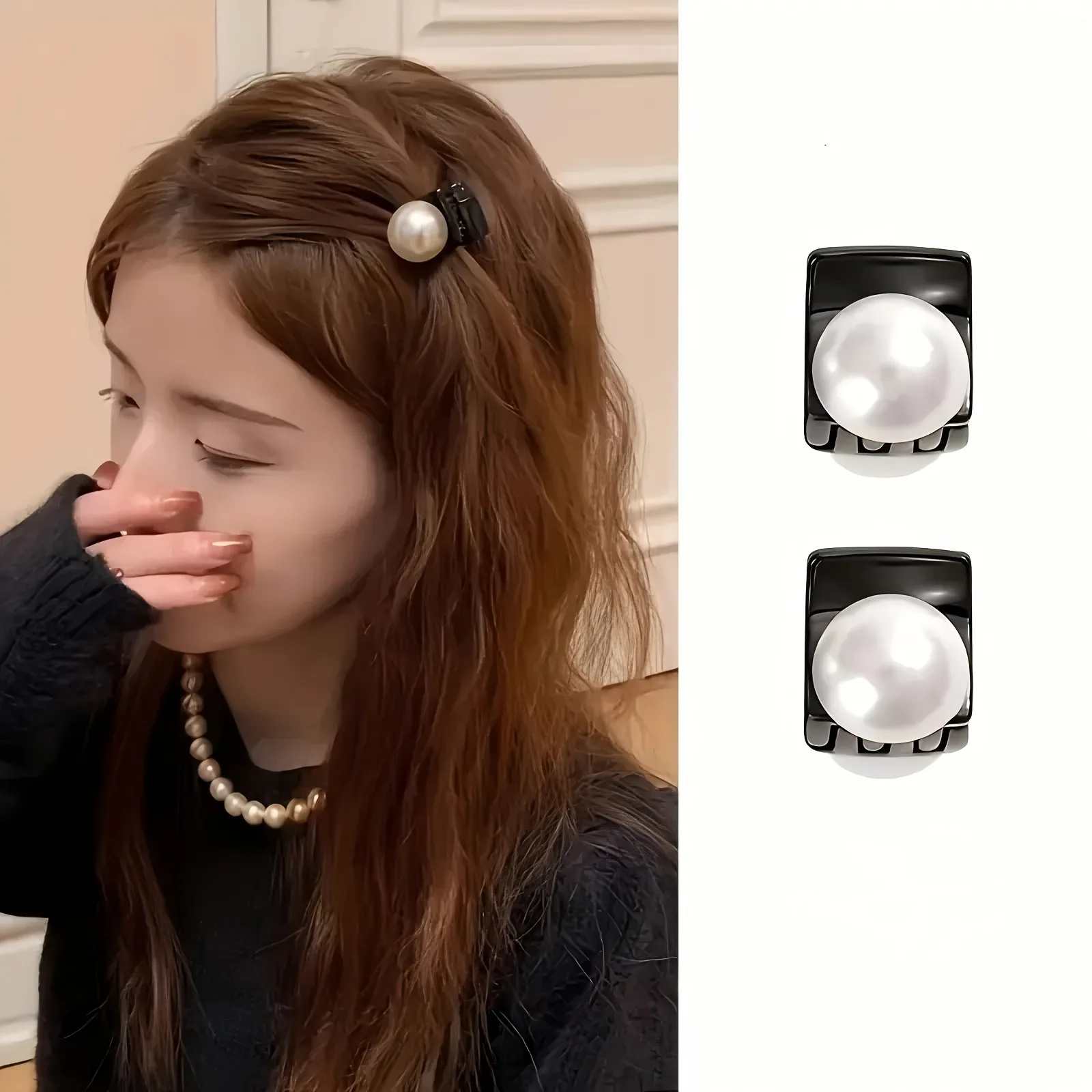 2pcs Pearl Decoration Small Hair Grab Large Pearl Black Base Mini Grab Clip Compatible Broken Elegant Versatile For Tidying Up