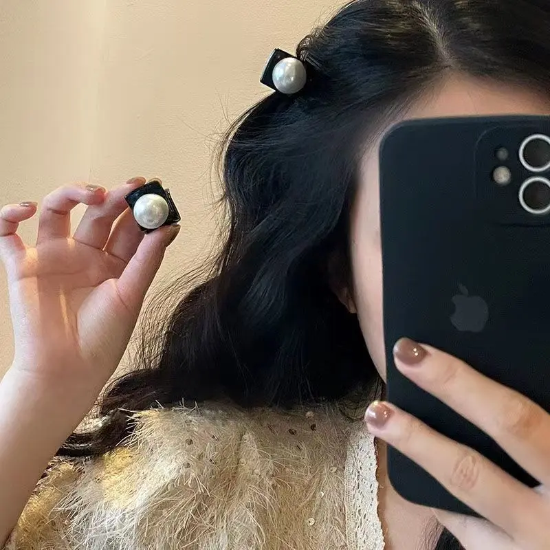 2pcs Pearl Decoration Small Hair Grab Large Pearl Black Base Mini Grab Clip Compatible Broken Elegant Versatile For Tidying Up