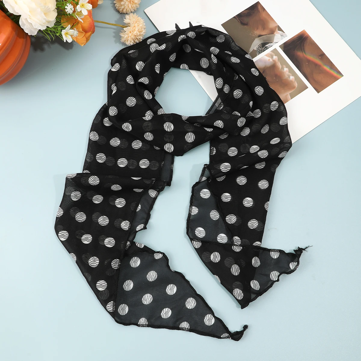 AWAYTR Retro Brown Polka Dots Long Silk Scarves Hair Band Womens Comfortable Headscarf Lady Fashion Party Scarf Hair Accessories