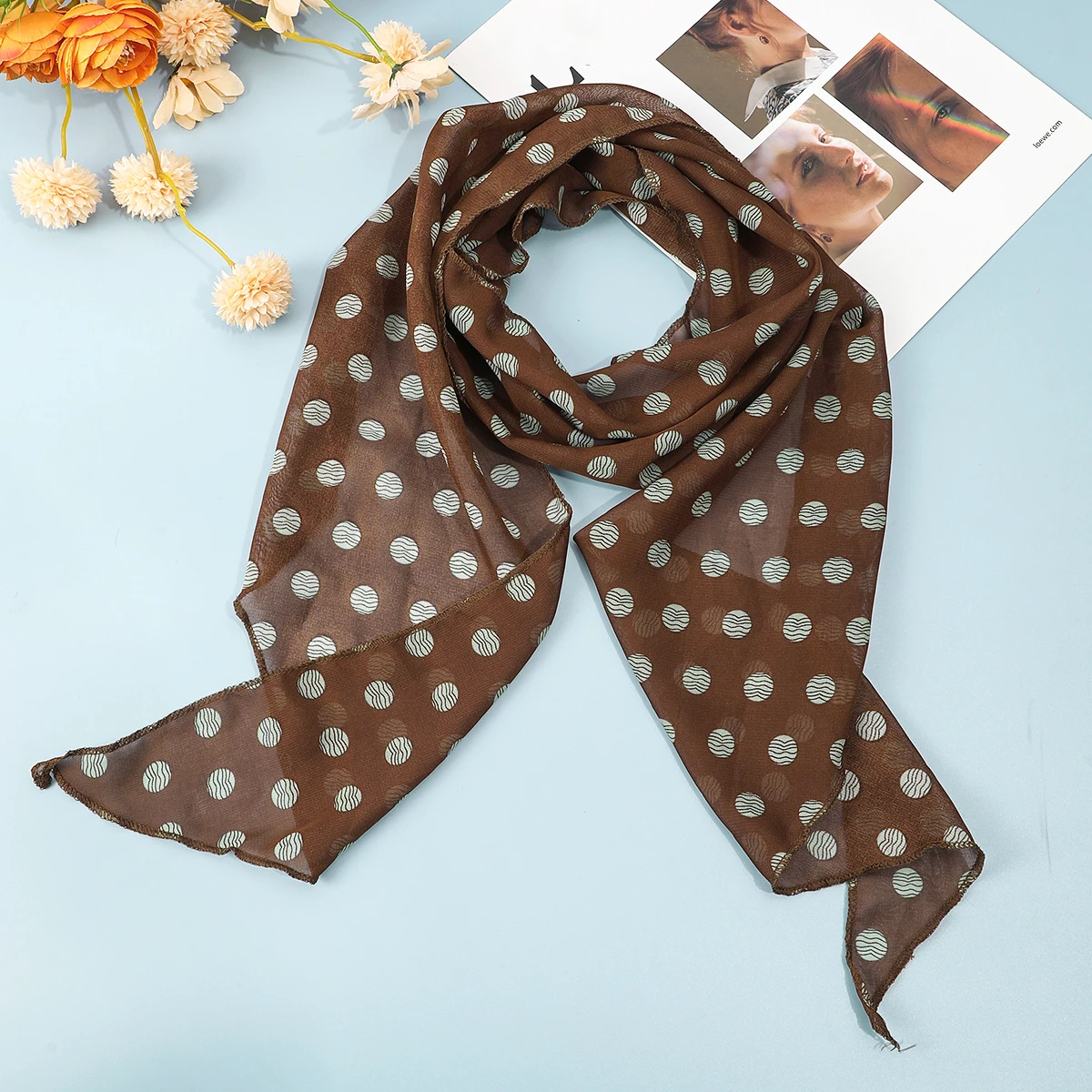 AWAYTR Retro Brown Polka Dots Long Silk Scarves Hair Band Womens Comfortable Headscarf Lady Fashion Party Scarf Hair Accessories
