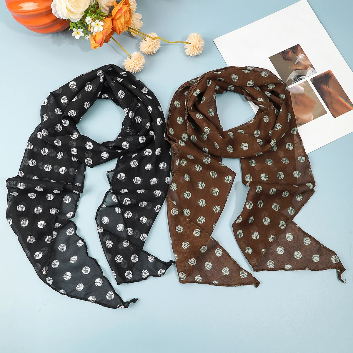 AWAYTR Retro Brown Polka Dots Long Silk Scarves Hair Band Womens Comfortable Headscarf Lady Fashion Party Scarf Hair Accessories