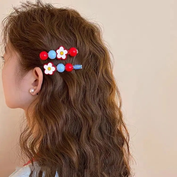 2pcs Sweet Candy Hawthorn Bead Flower Ribbon Hair Clip Women's Side Clip Cute Hairpin Bangs Barrettes Hair Accessorie Girl Gift