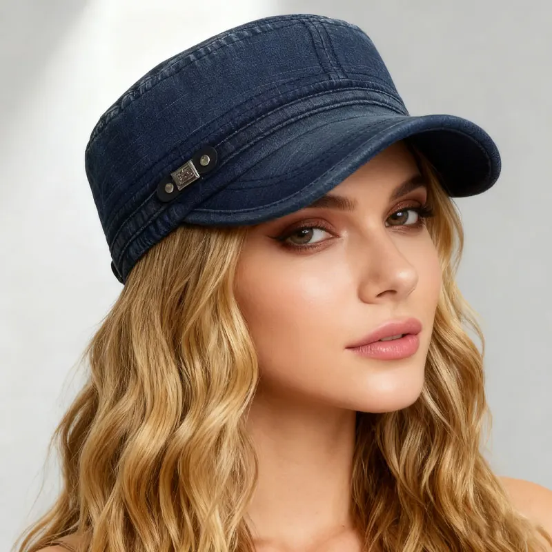 Washed Denim Flat Top Military Cap for Men, Vintage Distressed Sun Hat, Outdoor Casual Baseball Cap for All Seasons