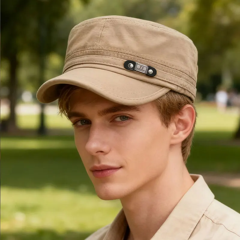 Washed Denim Flat Top Military Cap for Men, Vintage Distressed Sun Hat, Outdoor Casual Baseball Cap for All Seasons
